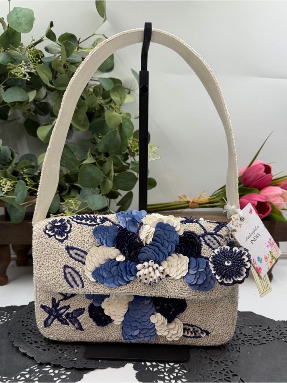 New Release Viral beaded Flower Bag Navy Blue / White Handmade India Sequin